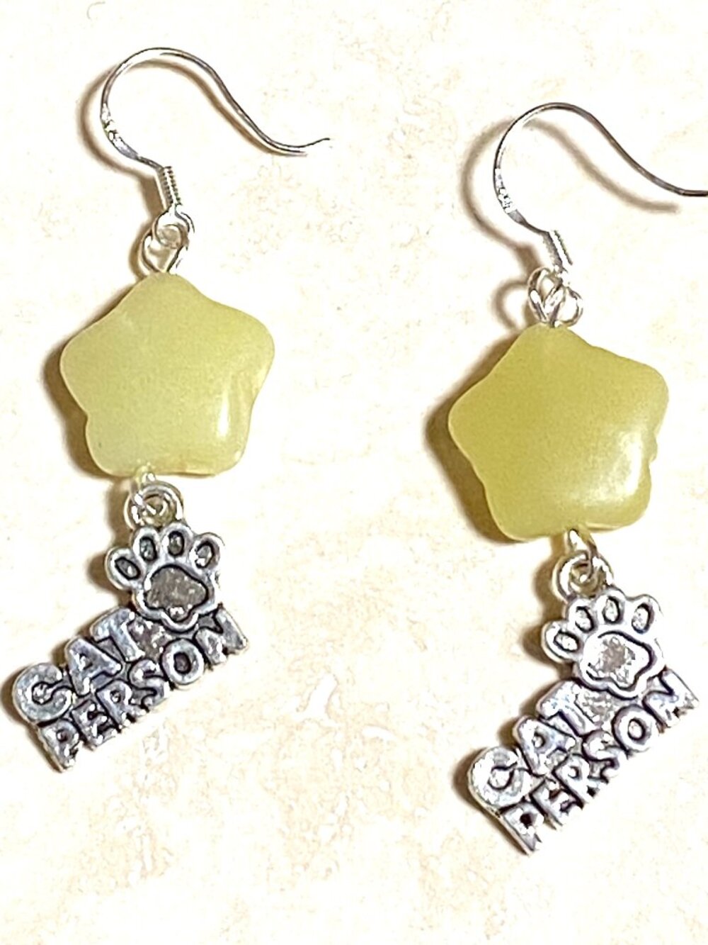 2/$20, Lemon Jade (Serpentine) Cat Person Earrings, Gemstone Star & Silver Hooks